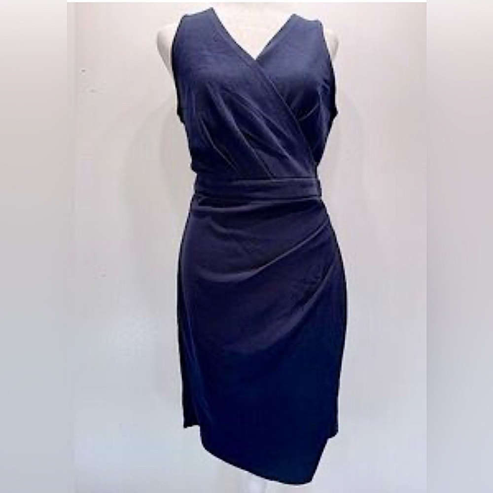 Alythea ModCloth Navy Blue Faux Wrap Dress Side Pleats Surplice V Neck Bodycon
